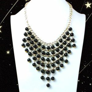 Gold Tone Black Beaded Bib Statement Necklace